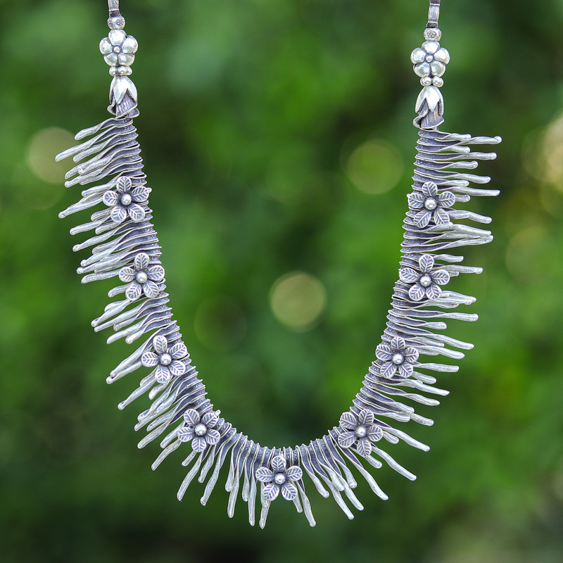Spring-Themed Oxidized Sterling Silver Waterfall Necklace, "Blooming Cascade"