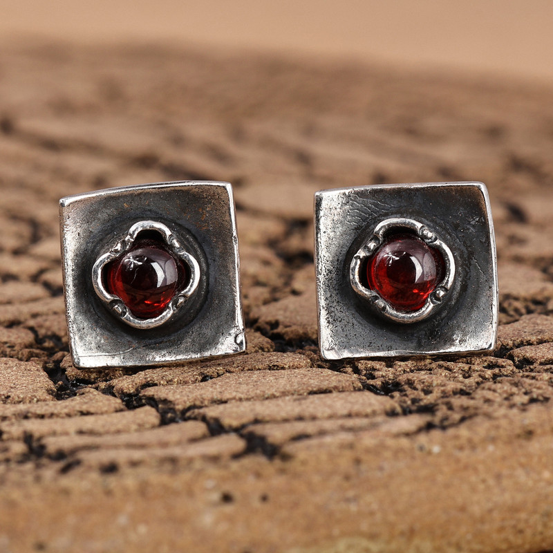 Square Sterling Silver and Natural Garnet Button Earrings, "Square Passion"