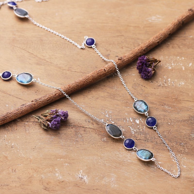 60-Carat Checkerboard Labradorite and Blue Quartz Necklace, "Blue Class"