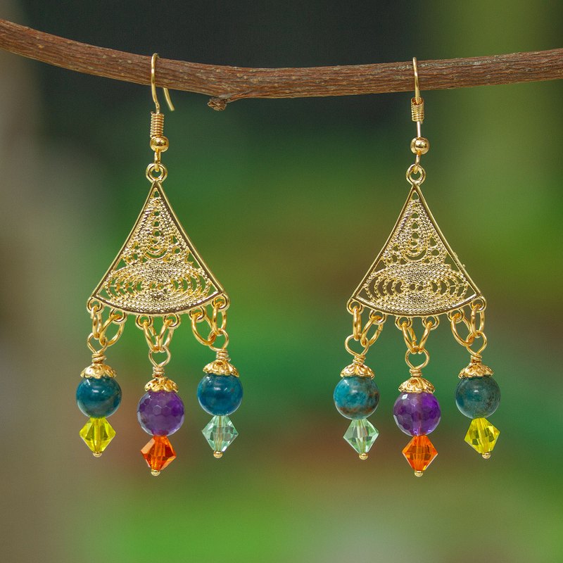 14k Gold-Plated Colorful Multi-Gemstone Filigree Earrings, "Jewels of Spring"