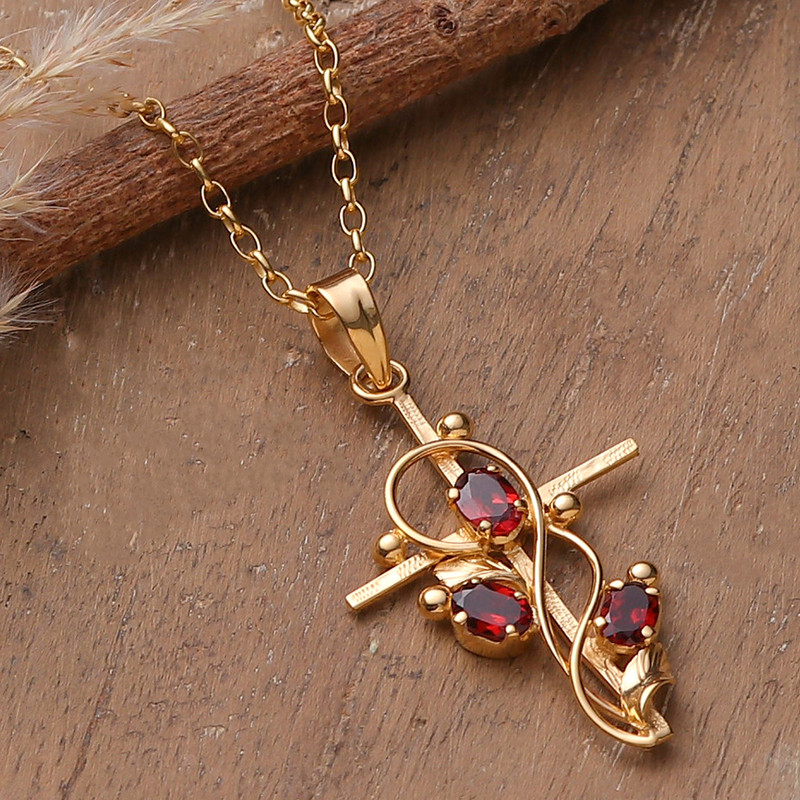 1-Carat Garnet Cross Pendant Necklace with 22k Gold Plating, "Glory of the Crimson Trinity"