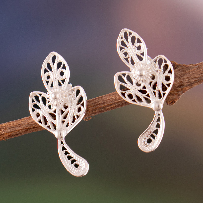 Spring-Themed Tradescantia Flower Filigree Button Earrings, "Paradise Tradescantia"