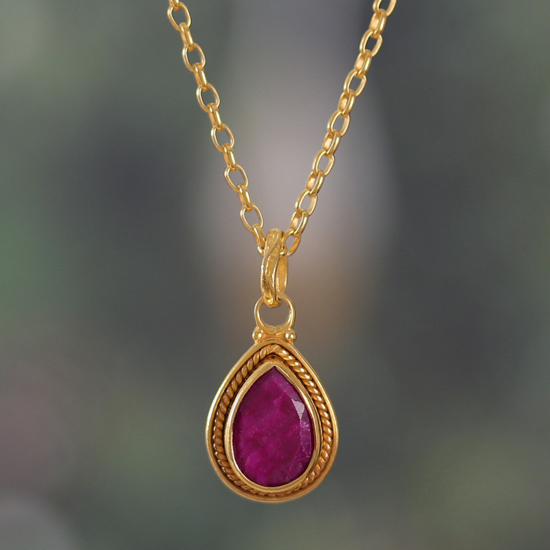 22k Gold-Plated Pendant Necklace with 3-Carat Ruby Gemstone, "Halo Effect in Crimson"