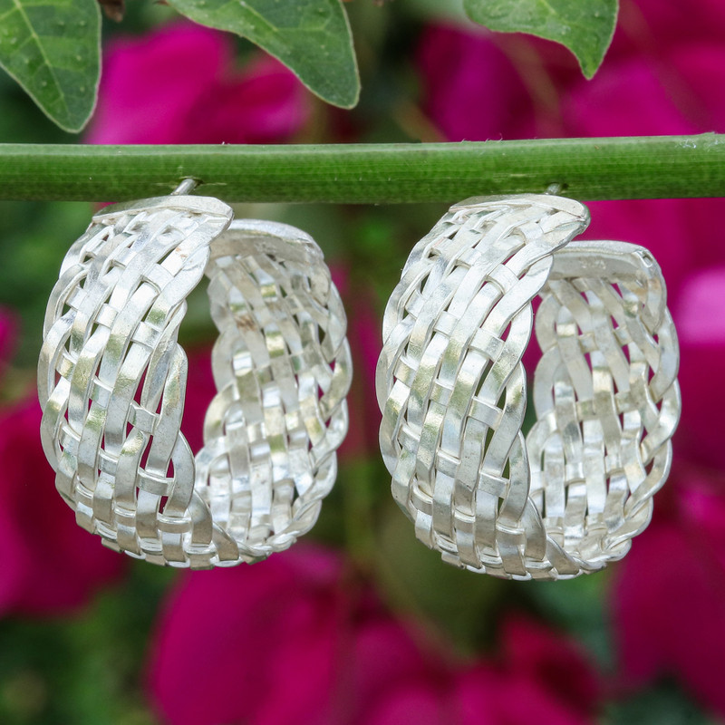 Woven-Textured Silver Half-Hoop Earrings from Thailand, "Woven Beauty"