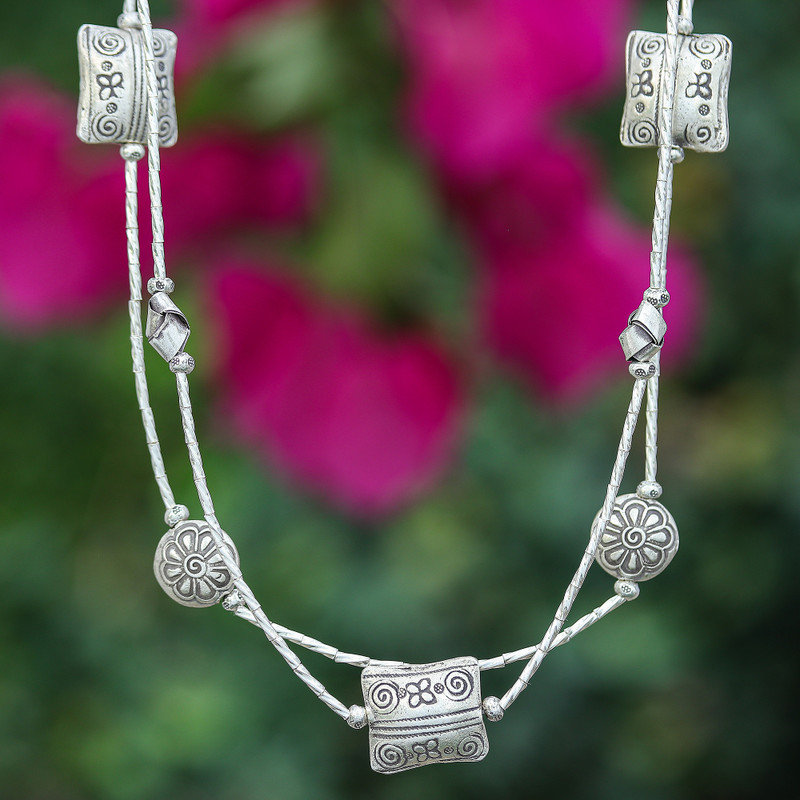 Thai Hill Tribe Silver Beaded Long Strand Station Necklace, "Floral Aura"