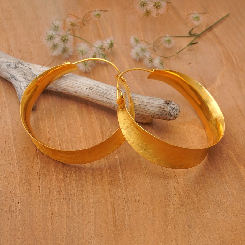 18k Gold-Plated Snakeskin Textured Hoop Earrings from Bali, "Glorious Hoop"