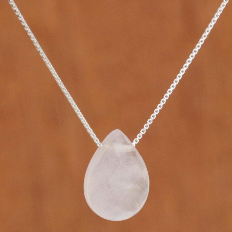 18 In Contemporary Brazilian Rose Quartz and Silver Necklace, "Love Drop"
