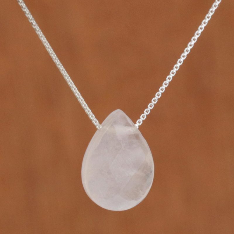 20 In Contemporary Brazilian Rose Quartz and Silver Necklace, "Love Drop"