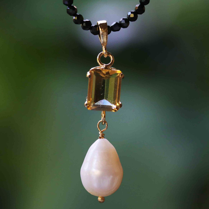 18k Gold-Accented Spinel Necklace with Citrine Gem and Pearl, "Classical Dame"