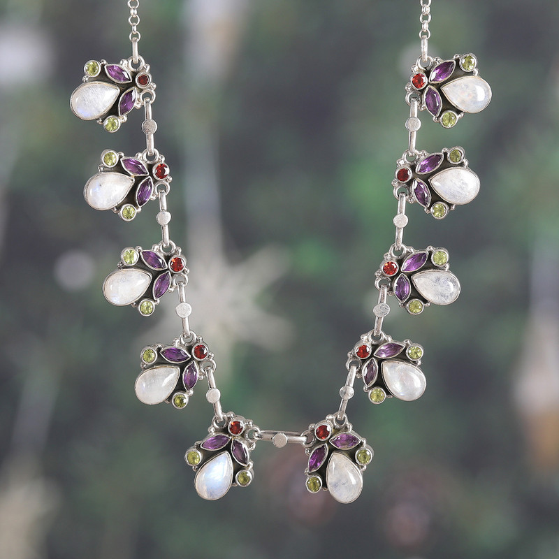 Spring-Themed 11-Carat Faceted Multi-Gemstone Link Necklace, "Garden of Delhi"