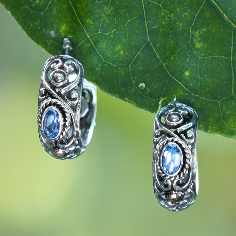 18k Gold-Accented Blue Topaz and Silver Half-Hoop Earrings, "Gleaming Azure"