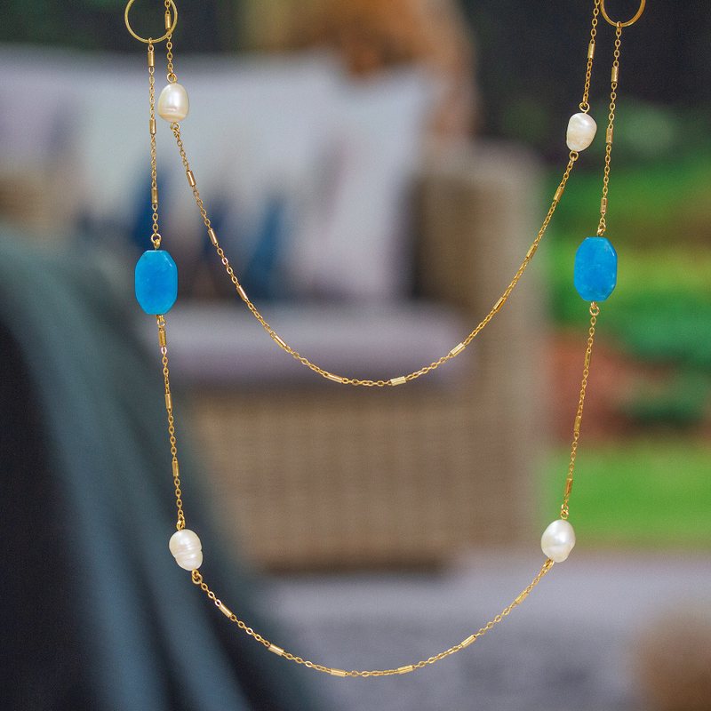24k Gold-Plated Blue Agate and Cream Pearl Station Necklace, "Pearly Blue"