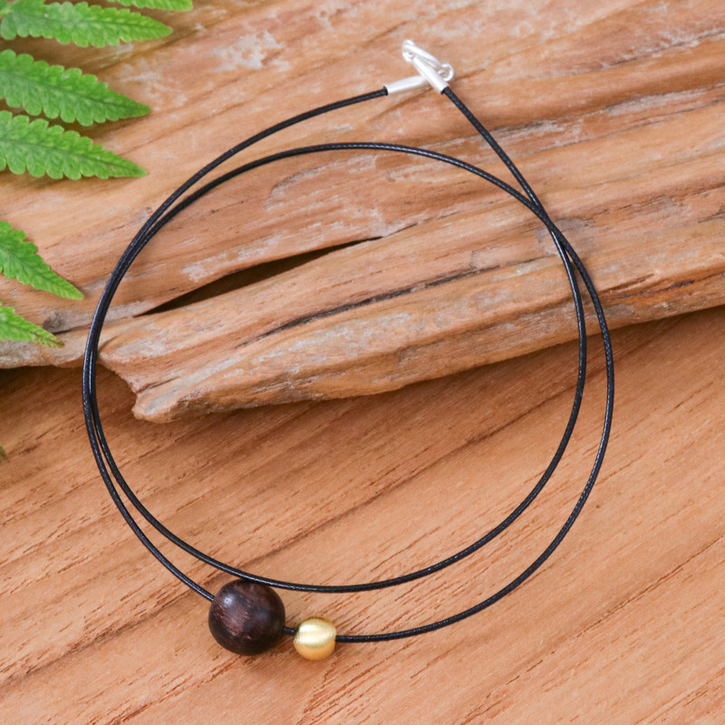 18k Gold-Accented Wood Pendant Necklace from Thailand, "Contrasting Spheres"