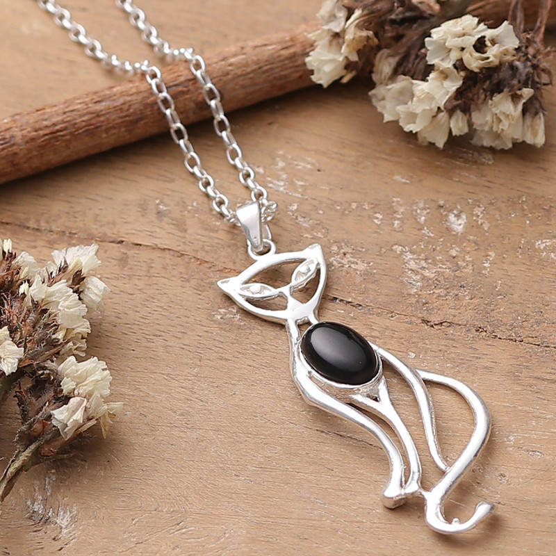 Whimsical Cat-Shaped Black Onyx Silver Pendant Necklace, "Mystic Cat"