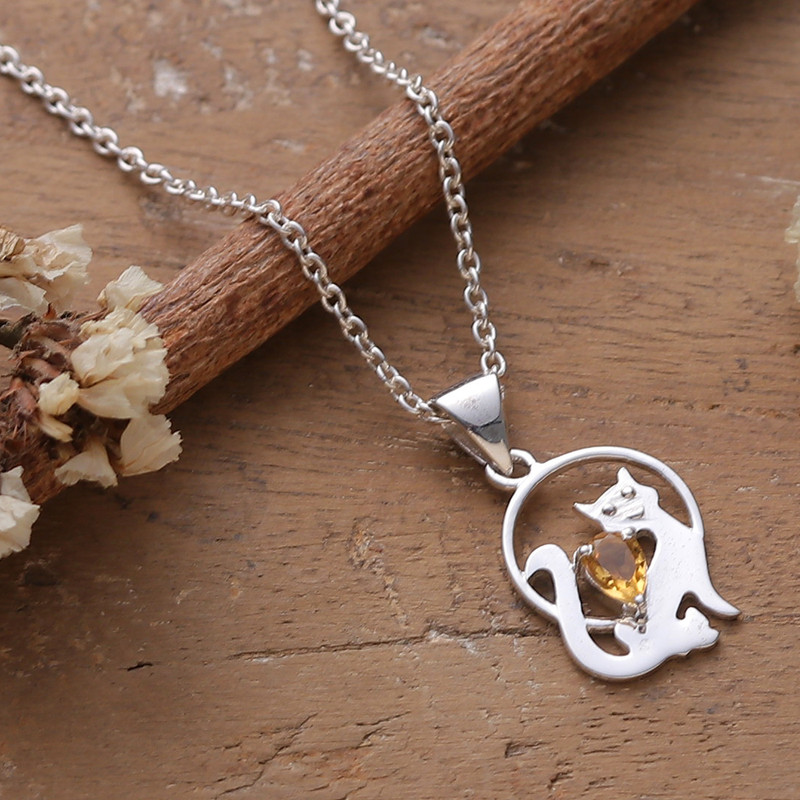 Whimsical Silver Cat Pendant Necklace with Citrine Gemstone, "Feline Poise"