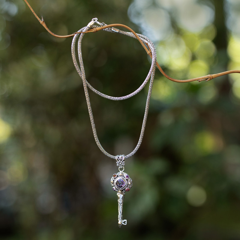 1-Carat Faceted Amethyst and Garnet Key Pendant Necklace, "Key of Memory"