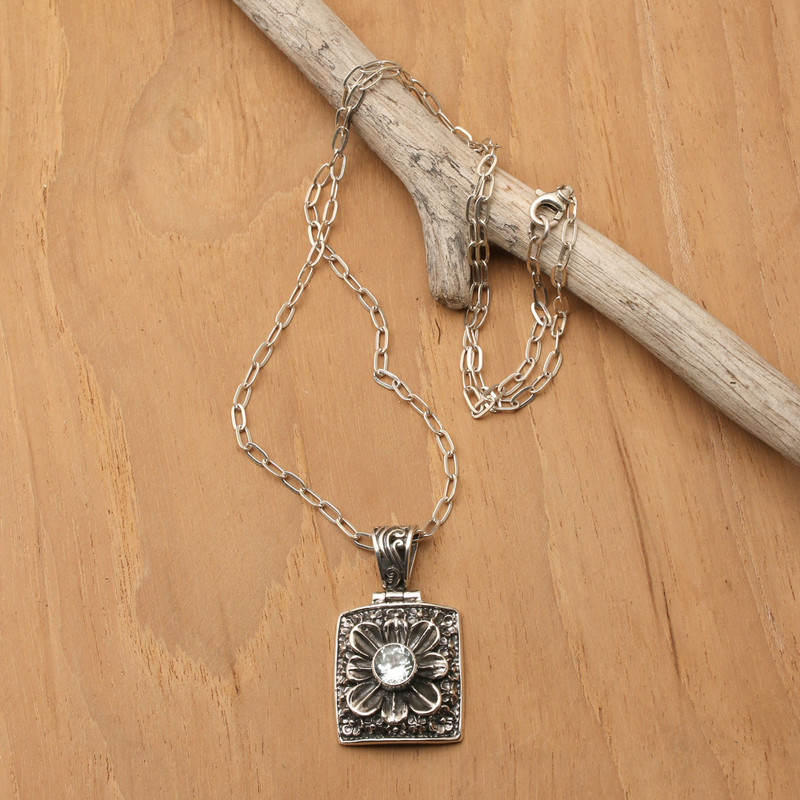 Spring-Themed Oxidized Faceted Blue Topaz Pendant Necklace, "Spring in Paradise"