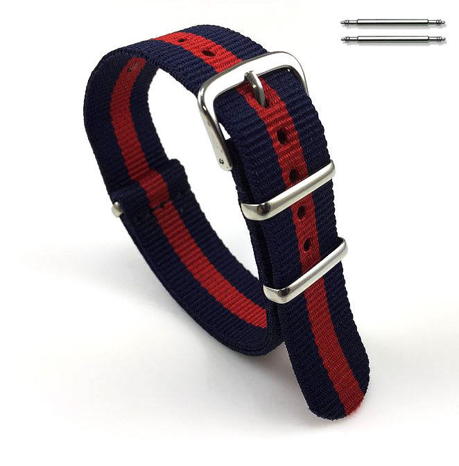 Red and Navy Stripes One Piece Slip Through Nylon 20mm Watch Band Strap #6007