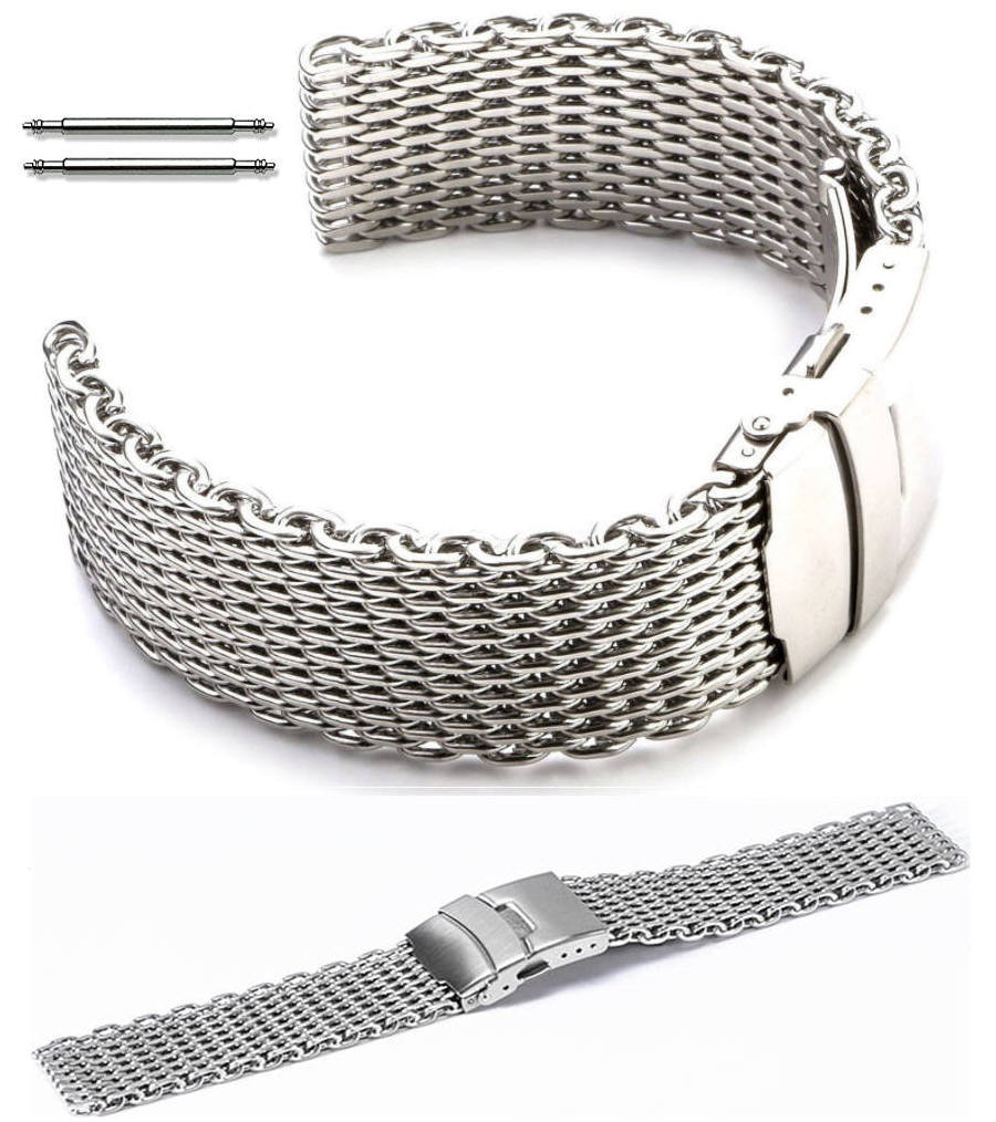 Stainless Steel Metal Shark Mesh Bracelet 24mm Watch Band Double Locking Clasp #5030