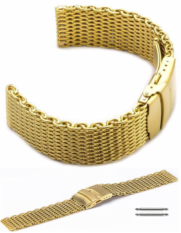 Stainless Steel Metal Shark Mesh Bracelet 24mm Watch Band Double Locking Gold #5031